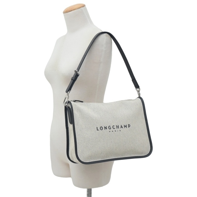 LONGCHAMP ESSENTIAL系列帆布LOGO字母肩背包(大/亞麻)10323-HSG-037