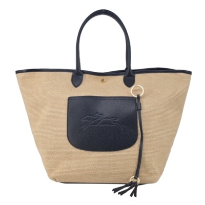 LONGCHAMP LONGCHAMP LE PANIER PLIAGE系列前口袋編織提籃包(大/黑)10308-HGK-001