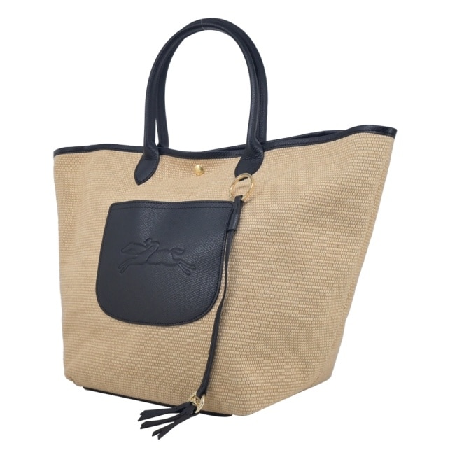 LONGCHAMP LE PANIER PLIAGE系列前口袋編織提籃包(大/黑)10308-HGK-001