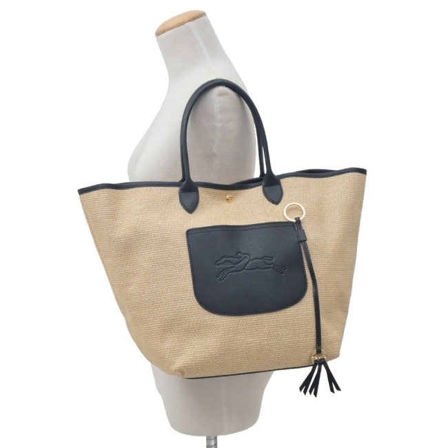 LONGCHAMP LE PANIER PLIAGE系列前口袋編織提籃包(大/黑)10308-HGK-001