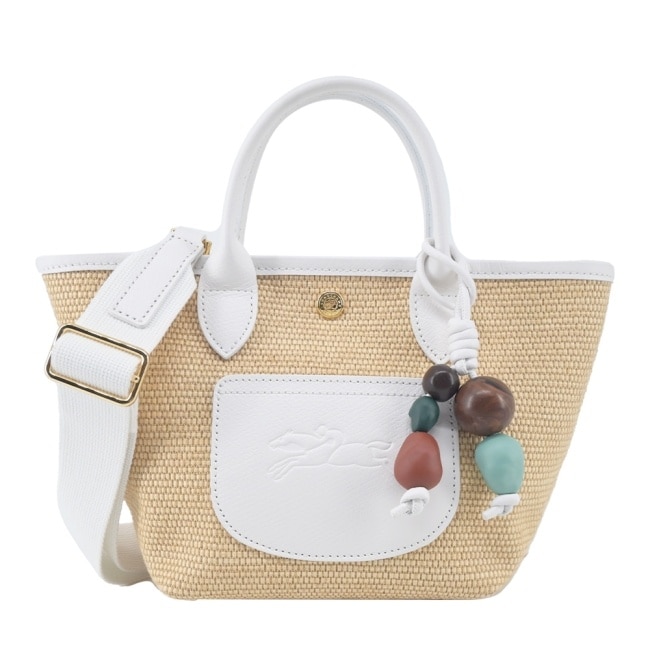 LONGCHAMP LE PANIER PLIAGE系列編織串珠兩用提籃包(迷你/白)10307-HGY-007