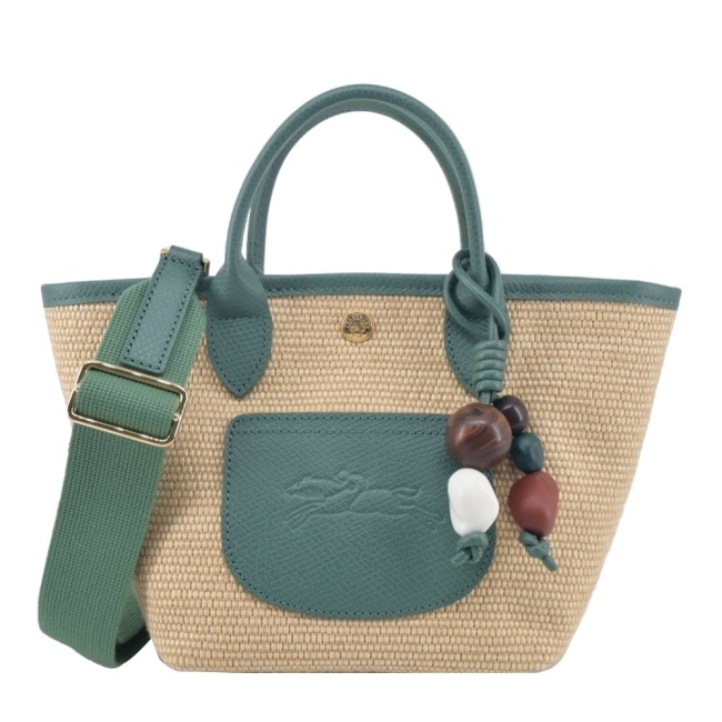 LONGCHAMP LE PANIER PLIAGE系列編織串珠兩用提籃包(迷你/綠)10307-HGY-M16