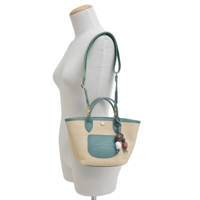 LONGCHAMP LE PANIER PLIAGE系列編織串珠兩用提籃包(迷你/綠)10307-HGY-M16