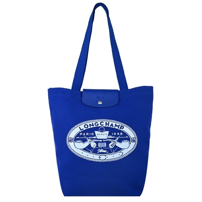 LONGCHAMP LE PLIAGE系列設計款棉質帆布肩揹包(中/鈷藍)10326-HIA-487