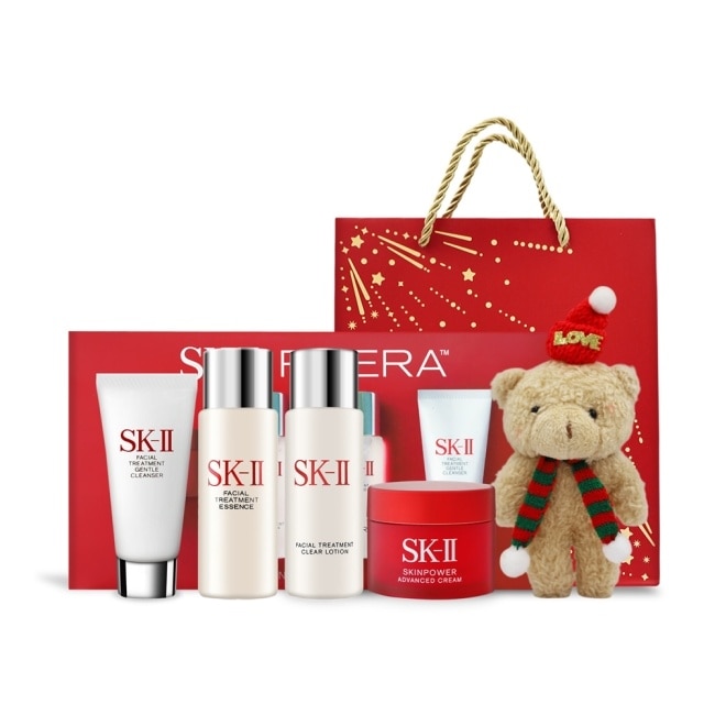 SK-II 暢銷閃耀之禮[洗面乳20g+亮采水30ml+青春露30ml+致臻活膚霜15g+玩偶熊掛飾]附精品禮袋-航空版