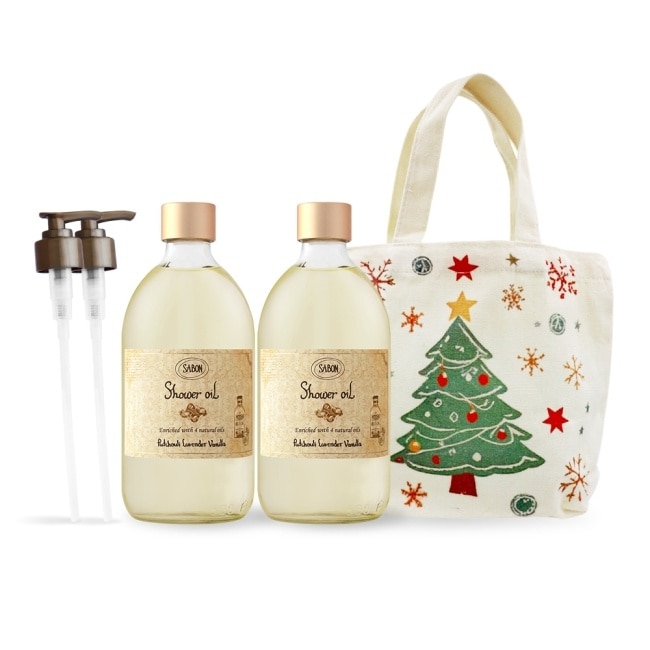 SABON 沐浴油雙瓶聖誕香氛組[經典P-L-VX2+壓頭+聖誕手提包]-聖誕交換禮物-國際航空版