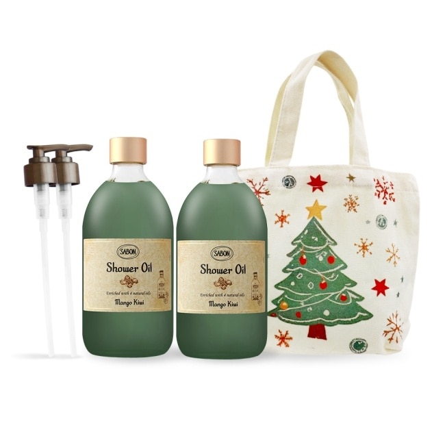 SABON 沐浴油雙瓶聖誕香氛組[香芒奇異果X2+壓頭+聖誕手提包]-聖誕交換禮物-國際航空版
