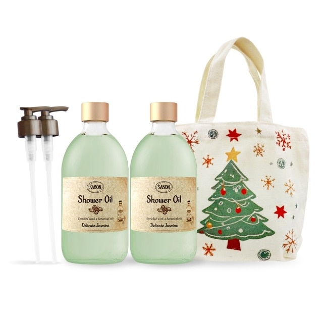 SABON 沐浴油雙瓶香氛組[茉莉花語X2+壓頭+聖誕手提包]-國際航空版