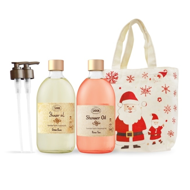 SABON 沐浴油雙瓶聖誕香氛組[綠玫瑰+玫瑰茶語+壓頭+聖誕手提包]-聖誕交換禮物-國際航版