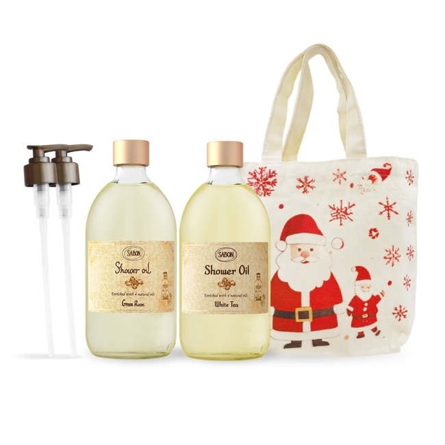 SABON 沐浴油雙瓶香氛組[綠玫瑰+白茶+壓頭+手提包]-國際航空版