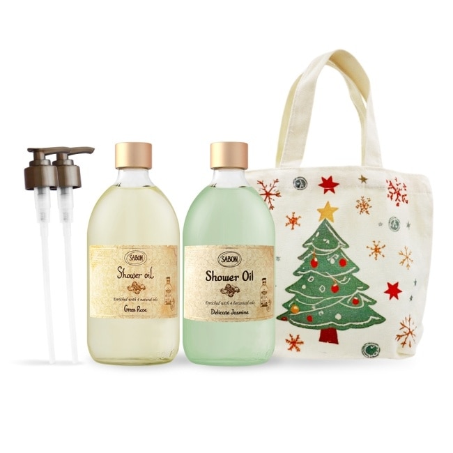 SABON 沐浴油雙瓶香氛組[綠玫瑰+茉莉花語+壓頭+手提包]-國際航空版