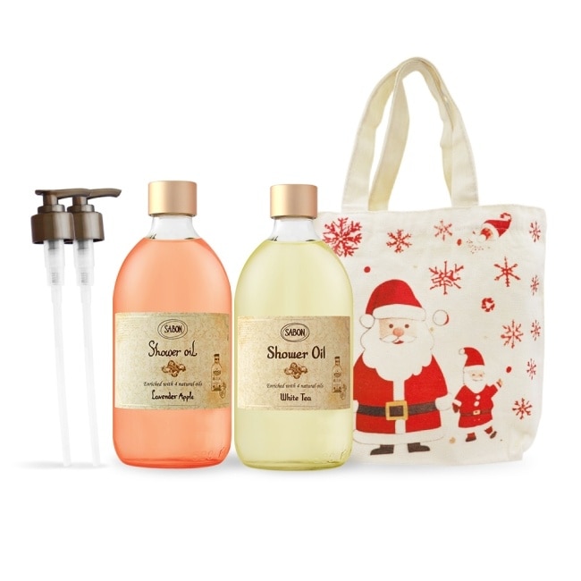 SABON 沐浴油雙瓶香氛組[白茶+香蘋薰衣草+壓頭+聖誕手提包]-國際航空版
