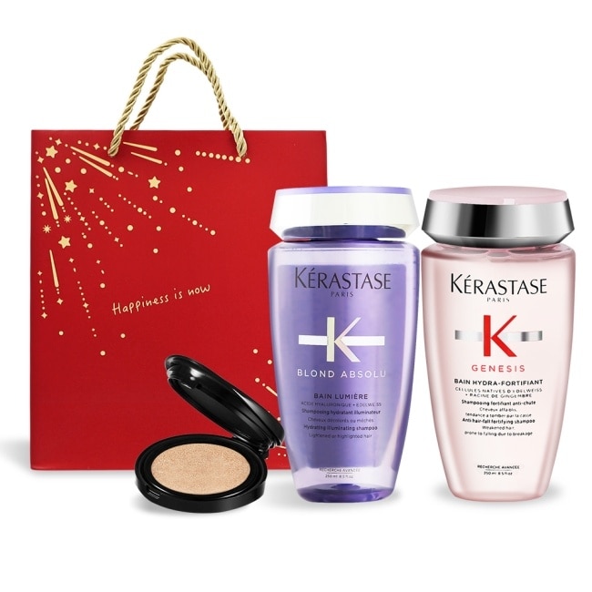 KERASTASE 卡詩 聖誕限量髮浴組[燦金絕色+粉漾芯生]-附禮袋贈氣墊粉餅-國際航空版