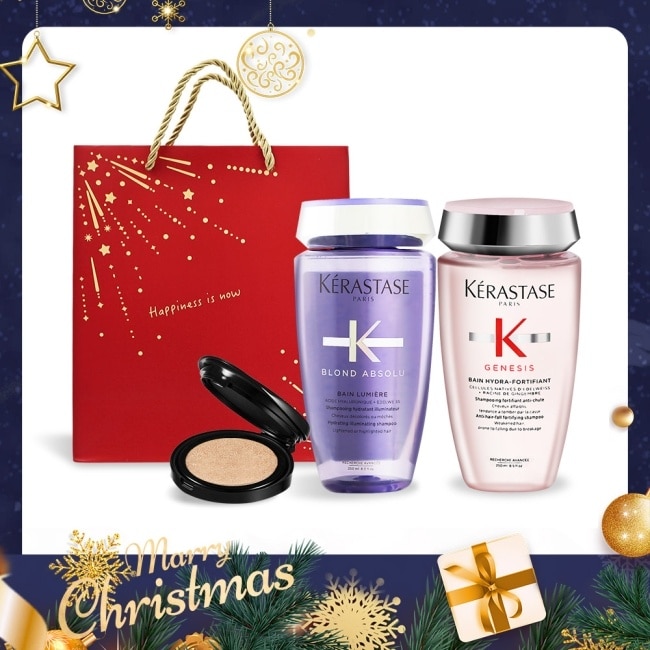 KERASTASE 卡詩 聖誕限量髮浴組[燦金絕色+粉漾芯生]-附禮袋贈氣墊粉餅-國際航空版