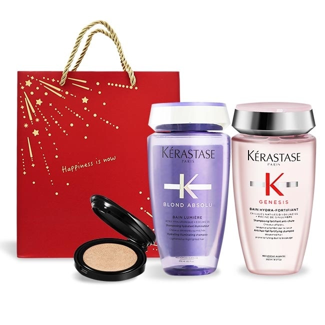 KERASTASE 卡詩 聖誕限量髮浴組[燦金絕色+粉漾芯生]-附禮袋贈氣墊粉餅-國際航空版