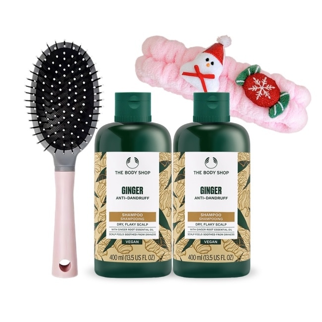 THE BODY SHOP 薑根鏗活調理洗髮精雙入聖誕限量組[(400ml)X2+聖誕洗臉髮帶+氣囊梳]-國際航空版