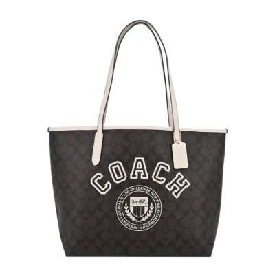 COACH COACH 校隊主題緹花托特包(咖啡白)CB869 IMUOC