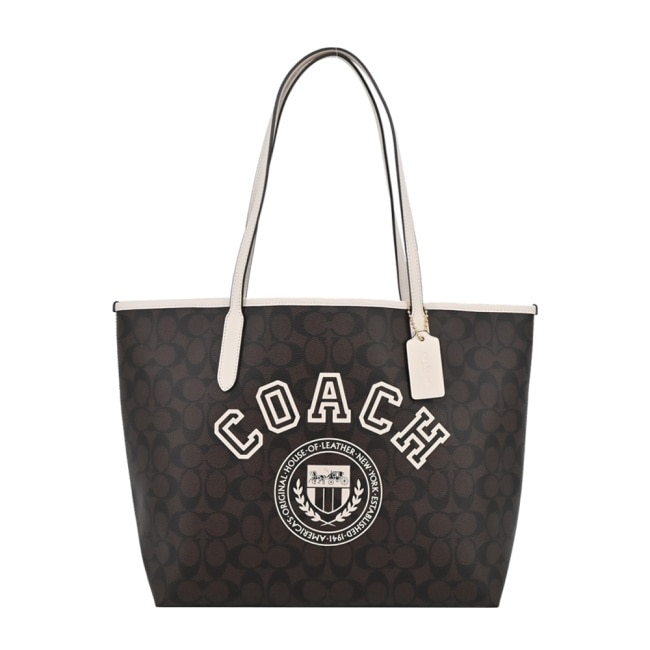 COACH 校隊主題緹花托特包(咖啡白)CB869 IMUOC