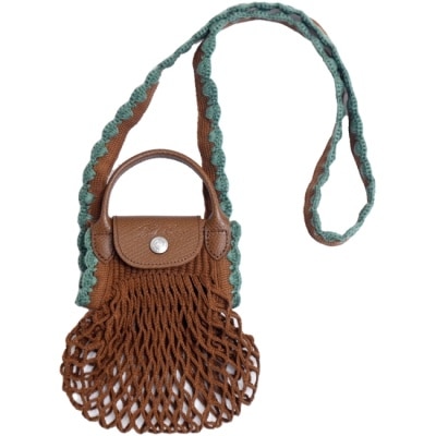 LONGCHAMP LONGCHAMP LE PLIAGE FILET系列網狀棉質鉤針兩用包(迷你/煙草棕)10139-HGW-004