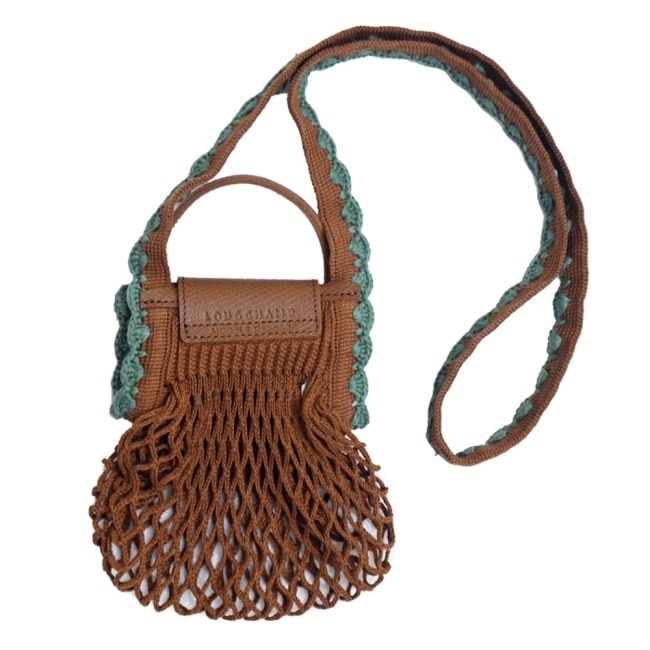 LONGCHAMP LE PLIAGE FILET系列網狀棉質鉤針兩用包(迷你/煙草棕)10139-HGW-004