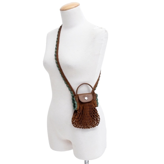 LONGCHAMP LE PLIAGE FILET系列網狀棉質鉤針兩用包(迷你/煙草棕)10139-HGW-004