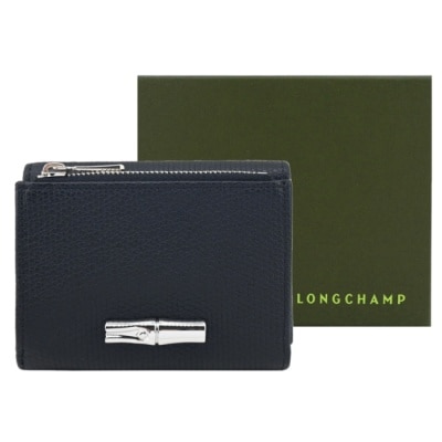 LONGCHAMP LONGCHAMP LE ROSEAU系列金屬竹節粒面牛皮三折短夾(黑)30049-HFP-001