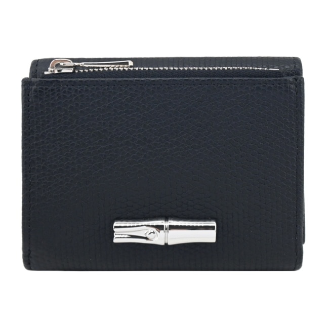 LONGCHAMP LE ROSEAU系列金屬竹節粒面牛皮三折短夾(黑)30049-HFP-001