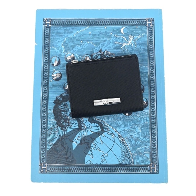 LONGCHAMP LE ROSEAU系列金屬竹節粒面牛皮三折短夾(黑)30049-HFP-001