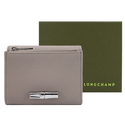 LONGCHAMP LONGCHAMP LE ROSEAU系列金屬竹節粒面牛皮三折短夾(泥褐)30049-HFP-266