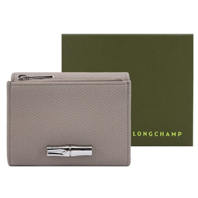 LONGCHAMP LE ROSEAU系列金屬竹節粒面牛皮三折短夾(泥褐)30049-HFP-266
