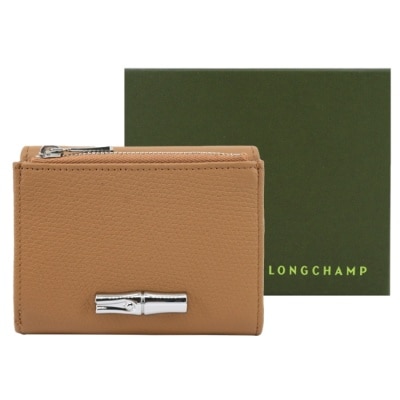 LONGCHAMP LONGCHAMP LE ROSEAU系列金屬竹節粒面牛皮三折短夾(胡桃棕)30049-HFP-371