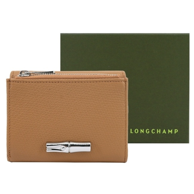 LONGCHAMP LE ROSEAU系列金屬竹節粒面牛皮三折短夾(胡桃棕)30049-HFP-371
