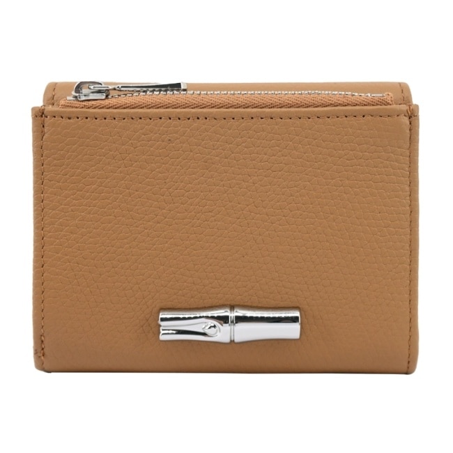 LONGCHAMP LE ROSEAU系列金屬竹節粒面牛皮三折短夾(胡桃棕)30049-HFP-371
