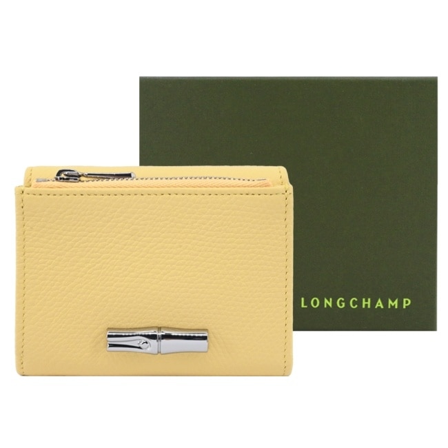 LONGCHAMP LE ROSEAU系列金屬竹節粒面牛皮三折短夾(小雞黃)30049-HFP-M12