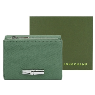 LONGCHAMP LONGCHAMP LE ROSEAU系列金屬竹節粒面牛皮三折短夾(奧勒岡綠)30049-HFP-M16