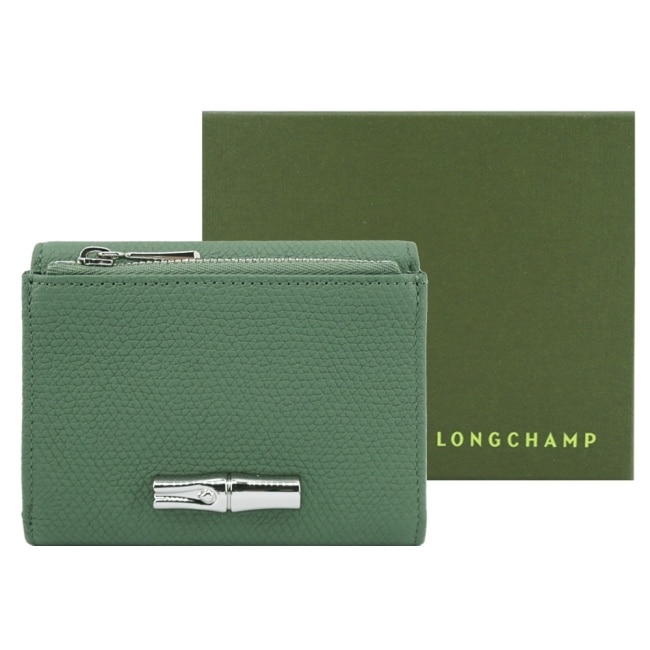 LONGCHAMP LE ROSEAU系列金屬竹節粒面牛皮三折短夾(奧勒岡綠)30049-HFP-M16