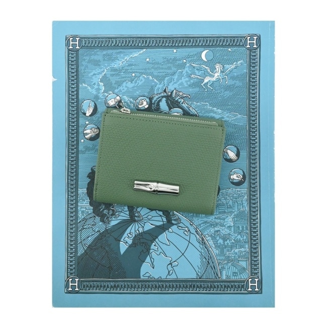 LONGCHAMP LE ROSEAU系列金屬竹節粒面牛皮三折短夾(奧勒岡綠)30049-HFP-M16