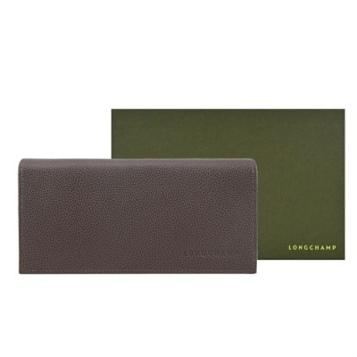LONGCHAMP LONGCHAMP LE FOULONNE系列牛皮簡約翻蓋14卡壓釦長夾(駝灰)30050-021-215