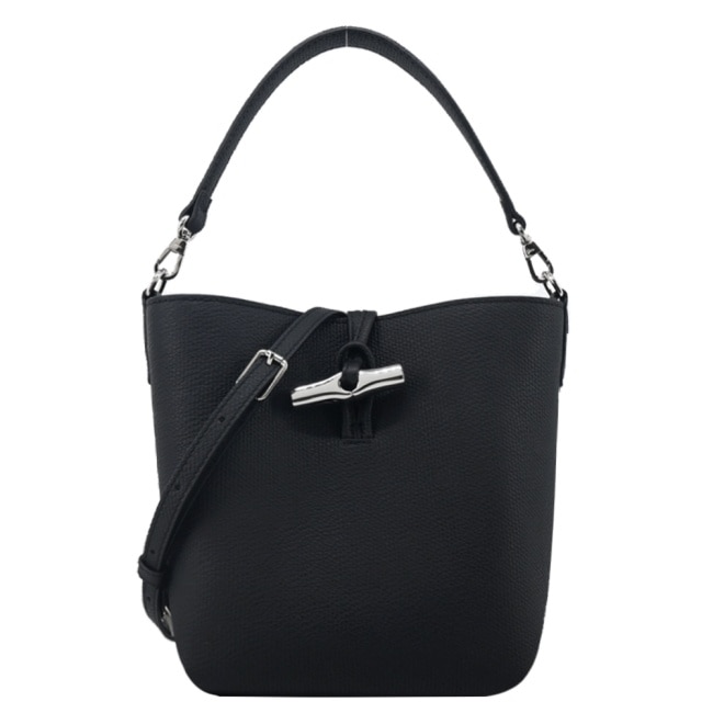 LONGCHAMP LE ROSEAU系列竹節牛皮兩用水桶包(迷你/黑)10314-HFP-001