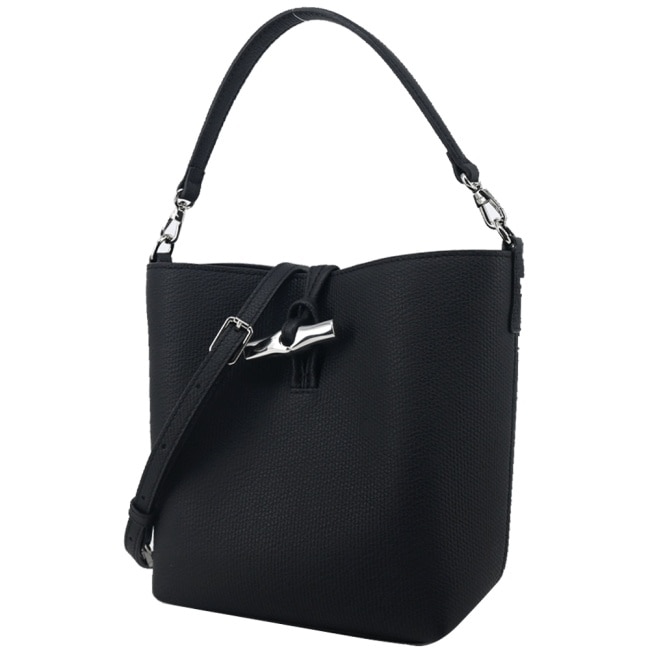 LONGCHAMP LE ROSEAU系列竹節牛皮兩用水桶包(迷你/黑)10314-HFP-001