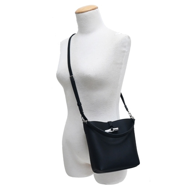LONGCHAMP LE ROSEAU系列竹節牛皮兩用水桶包(迷你/黑)10314-HFP-001