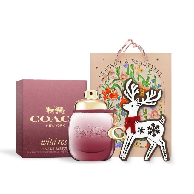 COACH 曠野玫瑰淡香精耶誕禮讚組(香精30ml+麋鹿擴香擺飾)附品牌禮袋-國際航空版