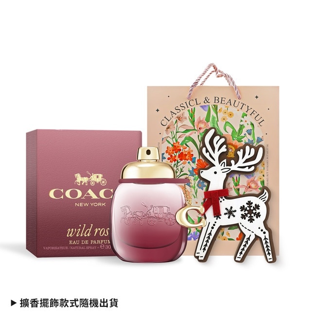COACH 曠野玫瑰淡香精耶誕禮讚組(香精30ml+麋鹿擴香擺飾)附品牌禮袋-國際航空版
