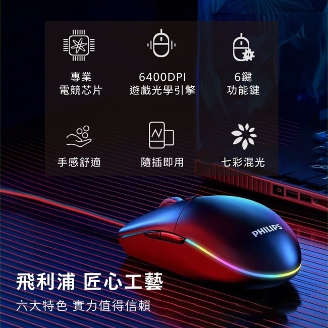 PHILIPS RGB炫彩6鍵式有線6400DPI滑鼠-SPK9304