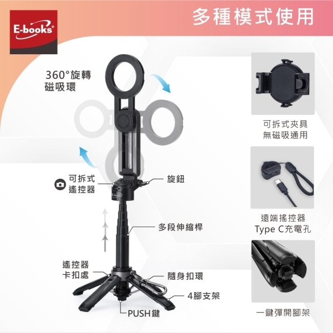 E-books N86 五合一強力磁吸360度單反鋅合金藍牙自拍桿腳架