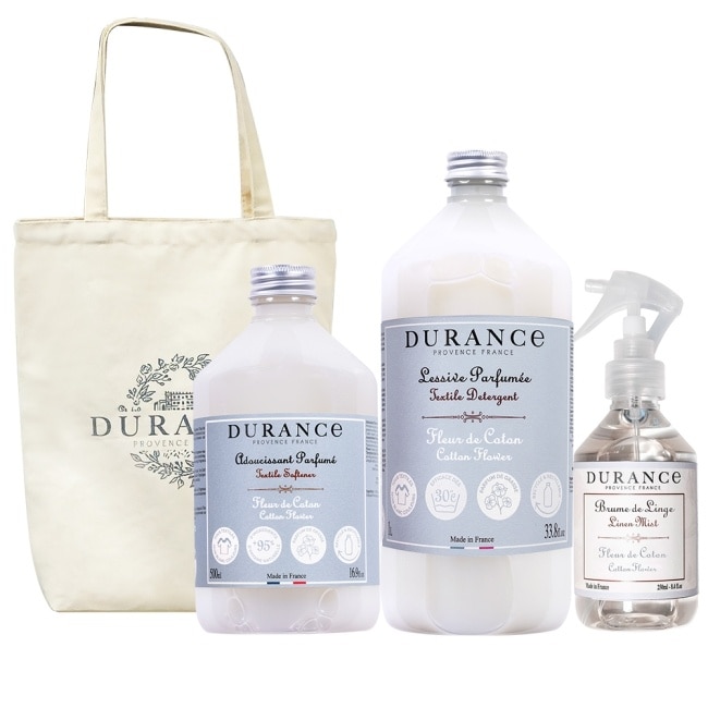 DURANCE朵昂思 織品衣物呵護香氛組(棉花田柔軟精1L+500ml+衣物芳香噴霧+帆布托特包)