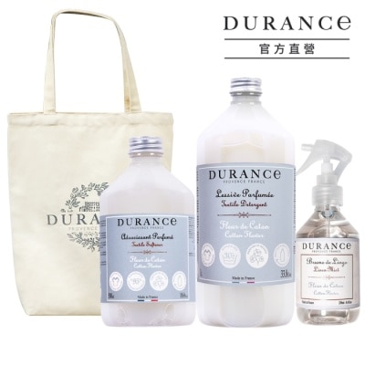 DURANCE 朵昂思 DURANCE朵昂思 織品衣物呵護香氛組(棉花田柔軟精1L+500ml+衣物芳香噴霧+帆布托特包)
