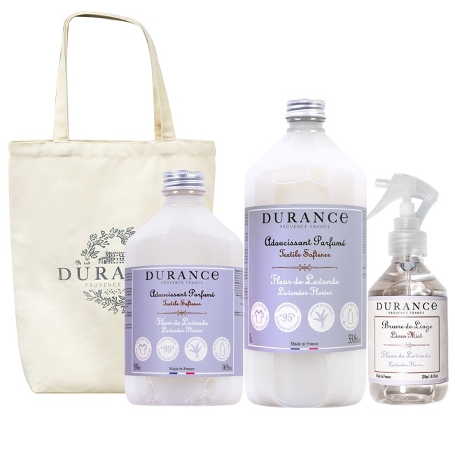 DURANCE朵昂思 織品衣物呵護香氛組(薰衣草柔軟精1L+500ml+衣物芳香噴霧+帆布托特包)