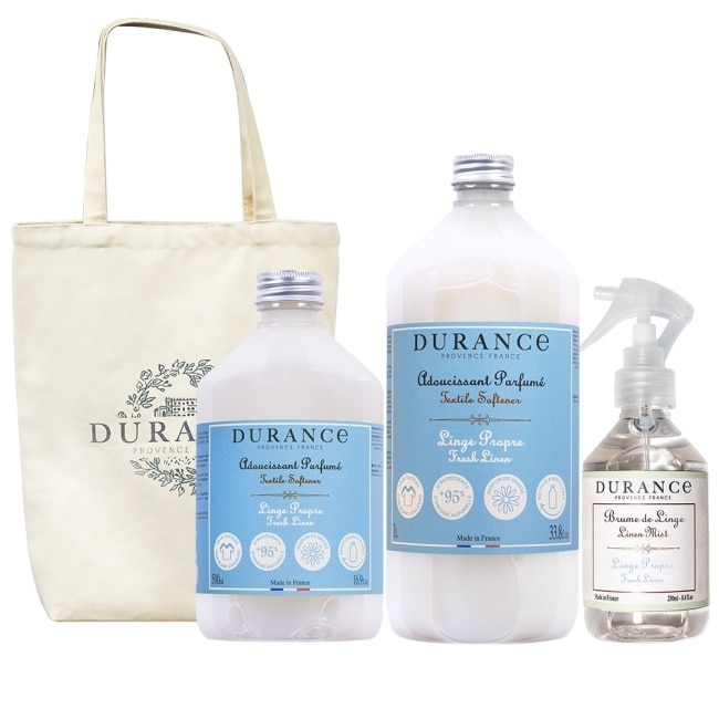 DURANCE朵昂思 織品衣物呵護香氛組(清新亞麻柔軟精1L+500ml+衣物芳香噴霧+帆布托特包)