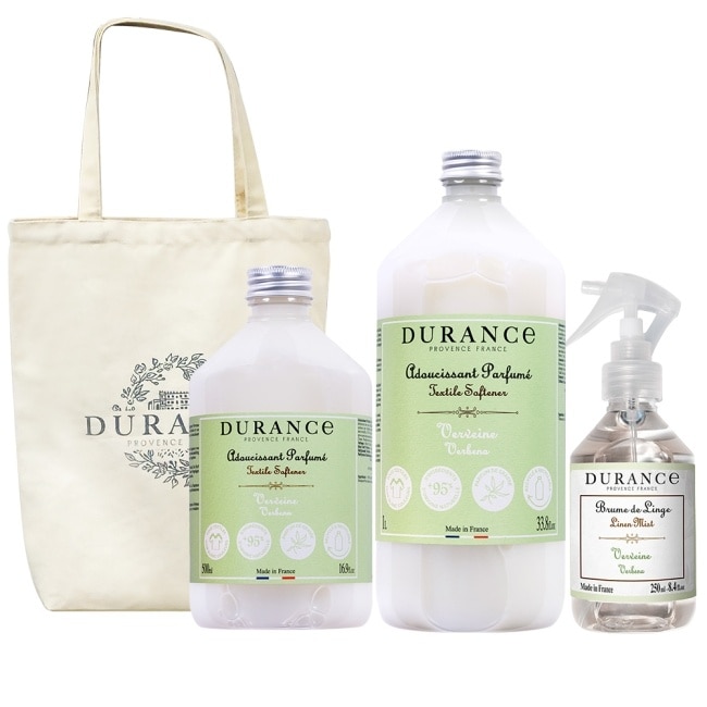 DURANCE朵昂思 織品衣物呵護香氛組(馬鞭草柔軟精1L+500ml+衣物芳香噴霧+帆布托特包)